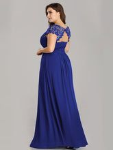 Load image into Gallery viewer, Color=Sapphire Blue | Lacey Neckline Open Back Ruched Bust Plus Size Evening Dresses-Sapphire Blue 2