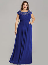 Load image into Gallery viewer, Color=Sapphire Blue | Lacey Neckline Open Back Ruched Bust Plus Size Evening Dresses-Sapphire Blue 4