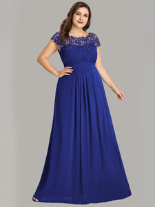 Color=Sapphire Blue | Lacey Neckline Open Back Ruched Bust Plus Size Evening Dresses-Sapphire Blue 1