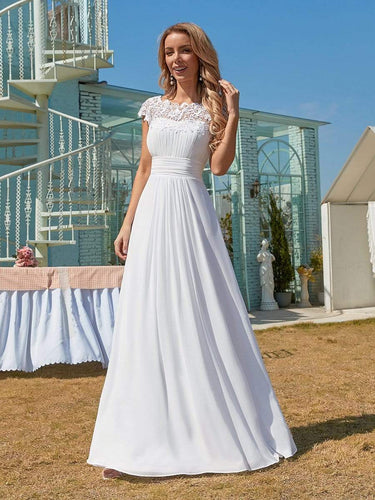 Color=White | Plain Pleated Chiffon Wedding Dress With Lace Decorations-White 1