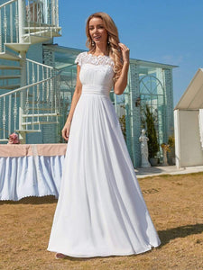 Color=White | Plain Pleated Chiffon Wedding Dress With Lace Decorations-White 1