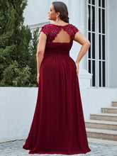 Load image into Gallery viewer, Color=Burgundy | Lacey Neckline Open Back Ruched Bust Plus Size Evening Dresses-Burgundy 2