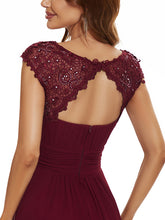 Load image into Gallery viewer, Color=Burgundy | Lacey Neckline Open Back Ruched Bust Evening Dresses-Burgundy 9