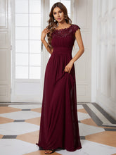 Load image into Gallery viewer, Color=Burgundy | Lacey Neckline Open Back Ruched Bust Evening Dresses-Burgundy 5