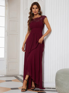 Color=Burgundy | Lacey Neckline Open Back Ruched Bust Evening Dresses-Burgundy 7