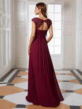 Load image into Gallery viewer, Color=Burgundy | Lacey Neckline Open Back Ruched Bust Evening Dresses-Burgundy 8