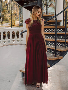 Color=Burgundy | Lacey Neckline Open Back Ruched Bust Evening Dresses-Burgundy 1