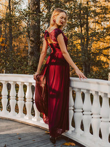Color=Burgundy | Lacey Neckline Open Back Ruched Bust Evening Dresses-Burgundy 4