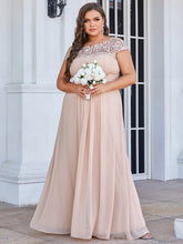 Load image into Gallery viewer, Color=Blush | Lacey Neckline Open Back Ruched Bust Plus Size Evening Dresses-Blush 1