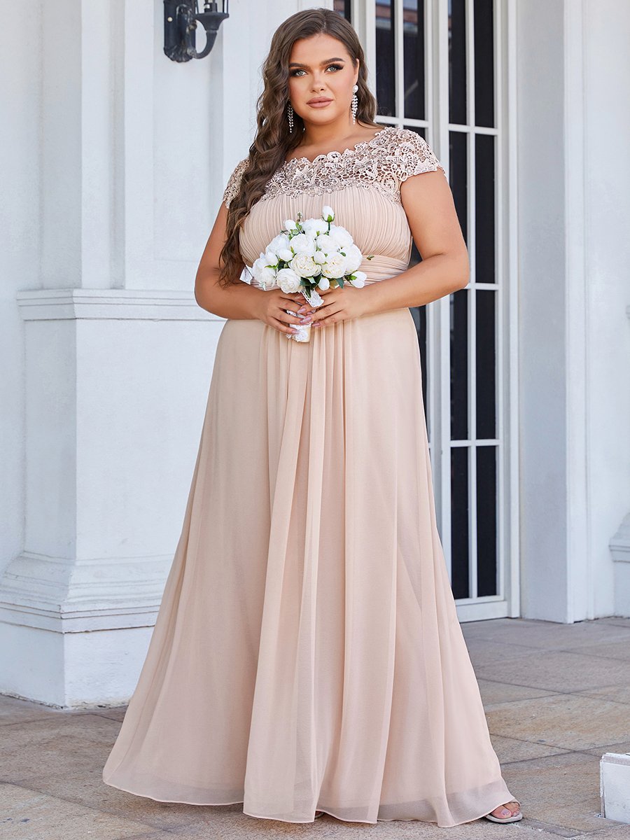 Color=Blush | Lacey Neckline Open Back Ruched Bust Plus Size Evening Dresses-Blush 1