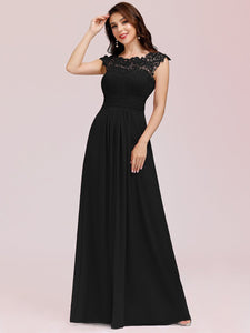 Color=Black | Lacey Neckline Open Back Ruched Bust Evening Dresses-Black 1