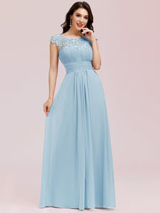 Color=Sky Blue | Lacey Neckline Open Back Ruched Bust Evening Dresses-Sky Blue 3