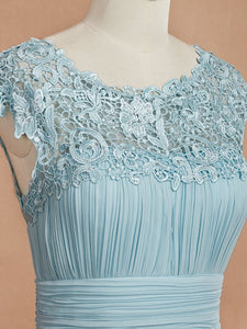 Color=Sky Blue | Lacey Neckline Open Back Ruched Bust Evening Dresses-Sky Blue 5