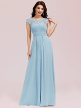 Load image into Gallery viewer, Color=Sky Blue | Lacey Neckline Open Back Ruched Bust Evening Dresses-Sky Blue 1