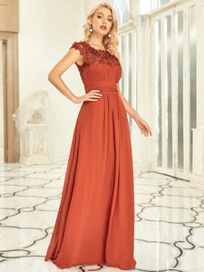 Color=Burnt orange| Lacey Neckline Open Back Ruched Bust Evening Dresses-Burnt orange 3