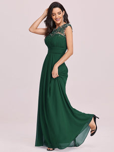 Color=Dark Green | Lacey Neckline Open Back Ruched Bust Evening Dresses-Dark Green 4