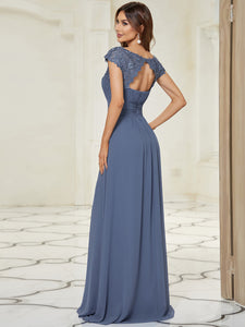 Color=Dusty Navy | Lacey Neckline Open Back Ruched Bust Evening Dresses-Dusty Navy 2