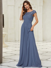 Load image into Gallery viewer, Color=Dusty Navy | Lacey Neckline Open Back Ruched Bust Evening Dresses-Dusty Navy 4