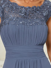 Load image into Gallery viewer, Color=Dusty Navy | Lacey Neckline Open Back Ruched Bust Evening Dresses-Dusty Navy 5