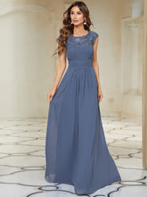 Load image into Gallery viewer, Color=Dusty Navy | Lacey Neckline Open Back Ruched Bust Evening Dresses-Dusty Navy 1