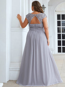 Color=Grey | Lacey Neckline Open Back Ruched Bust Plus Size Evening Dresses-Grey  4