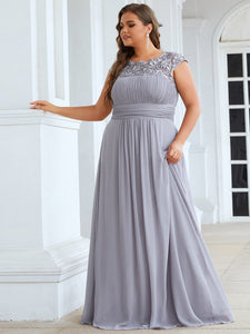 Color=Grey | Lacey Neckline Open Back Ruched Bust Plus Size Evening Dresses-Grey  1