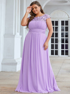Color=Lavender | Lacey Neckline Open Back Ruched Bust Plus Size Evening Dresses-Lavender  4