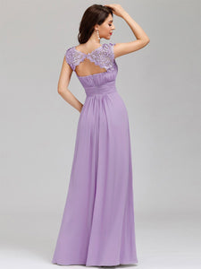 Color=Lavender | Lacey Neckline Open Back Ruched Bust Evening Dresses-Lavender 2