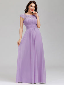 Color=Lavender | Lacey Neckline Open Back Ruched Bust Evening Dresses-Lavender 3