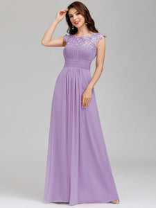 Color=Lavender | Lacey Neckline Open Back Ruched Bust Evening Dresses-Lavender 4