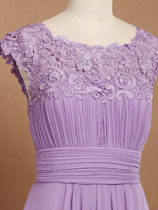 Color=Lavender | Lacey Neckline Open Back Ruched Bust Evening Dresses-Lavender 5