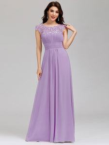 Color=Lavender | Lacey Neckline Open Back Ruched Bust Evening Dresses-Lavender 1