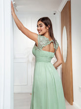 Load image into Gallery viewer, Color=Mint Green | Lacey Neckline Open Back Ruched Bust Evening Dresses-Mint Green 3