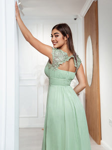 Color=Mint Green | Lacey Neckline Open Back Ruched Bust Evening Dresses-Mint Green 3