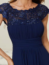 Load image into Gallery viewer, Color=Navy Blue| Lacey Neckline Open Back Ruched Bust Evening Dresses-Navy Blue 5