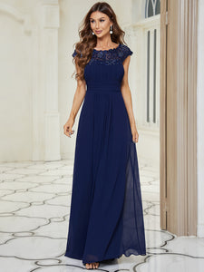Color=Navy Blue| Lacey Neckline Open Back Ruched Bust Evening Dresses-Navy Blue 1