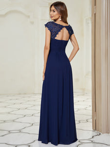 Color=Navy Blue| Lacey Neckline Open Back Ruched Bust Evening Dresses-Navy Blue 3
