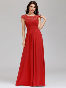 Color=Red | Lacey Neckline Open Back Ruched Bust Evening Dresses-Red 3