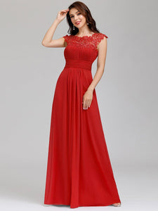 Color=Red | Lacey Neckline Open Back Ruched Bust Evening Dresses-Red 4