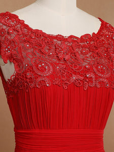 Color=Red | Lacey Neckline Open Back Ruched Bust Evening Dresses-Red 5