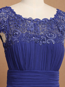 Color=Sapphire Blue | Lacey Neckline Open Back Ruched Bust Evening Dresses-Sapphire Blue 5