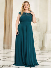 Load image into Gallery viewer, Color=Teal | Lacey Neckline Open Back Ruched Bust Plus Size Evening Dresses-Teal 1