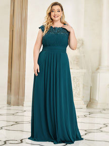 Color=Teal | Lacey Neckline Open Back Ruched Bust Plus Size Evening Dresses-Teal 1