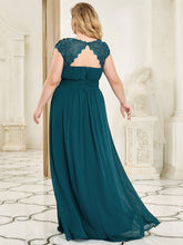 Load image into Gallery viewer, Color=Teal | Lacey Neckline Open Back Ruched Bust Plus Size Evening Dresses-Teal 4