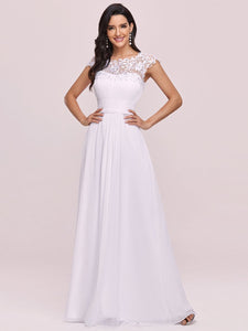 Color=White | Lacey Neckline Open Back Ruched Bust Evening Dresses-White 1