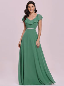 Color=Green Bean | Adorable Ruffled Shoulder High Waist Wholesale Bridesmaid Dress Es00123-Green Bean 4