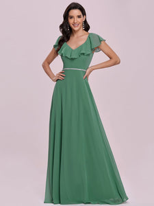 Color=Green Bean | Adorable Ruffled Shoulder High Waist Wholesale Bridesmaid Dress Es00123-Green Bean 1