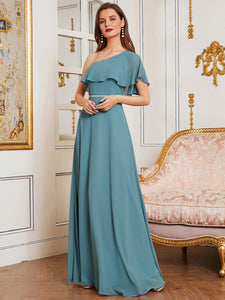 Color=Dusty blue | Romantic One Shoulder Wholesale Long Bridesmaid Dress Es00124-Dusty Blue 9