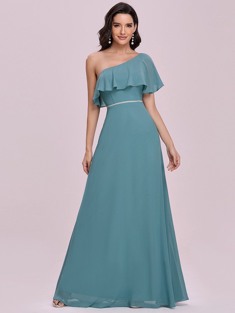 Color=Dusty blue | Romantic One Shoulder Wholesale Long Bridesmaid Dress Es00124-Dusty Blue 1