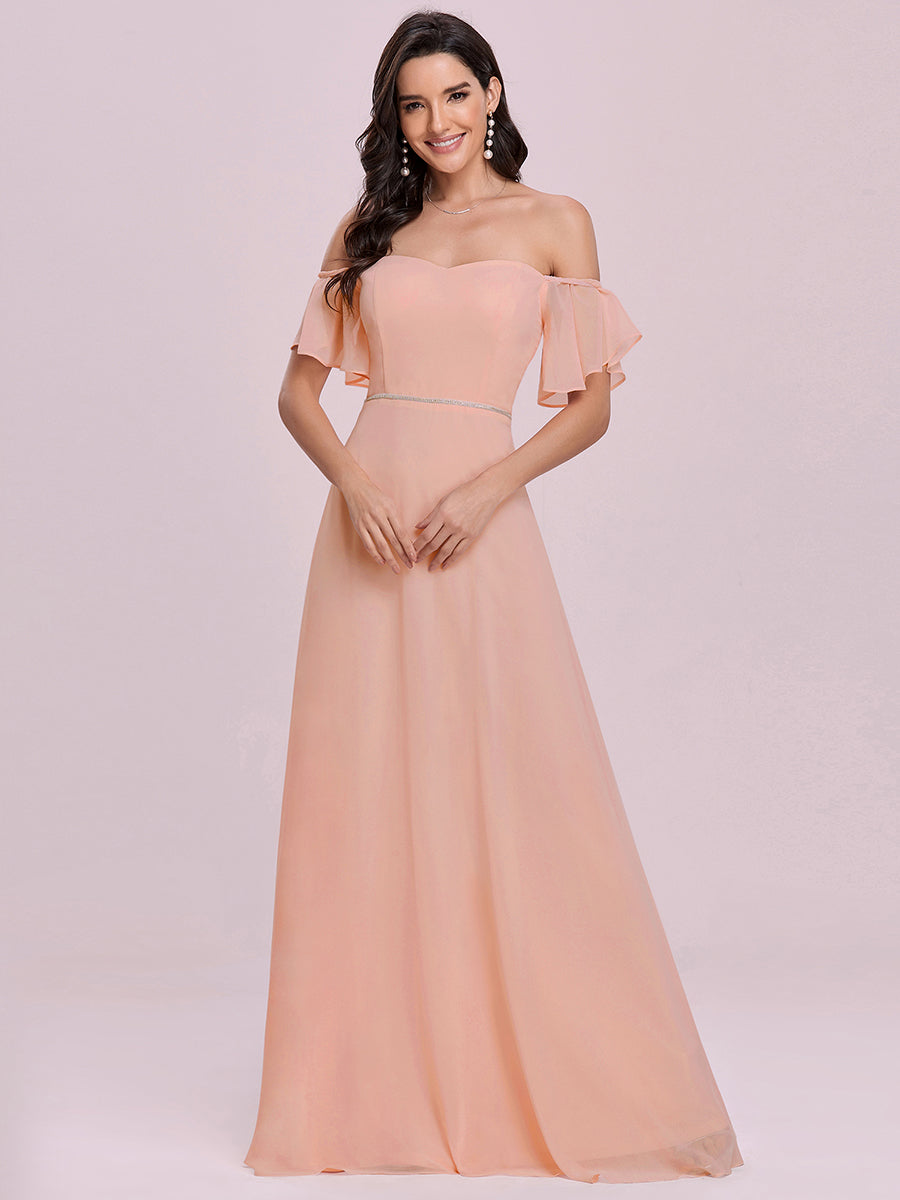 Color=Pink | Plain Sweetheart Neckline Wholesale Long Chiffon Bridesmaid Dress-Pink 1